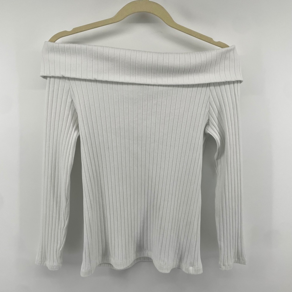 Vince Off The Shoulder Top Women M White Ribbed Knit Long Sleeve Quiet Luxury